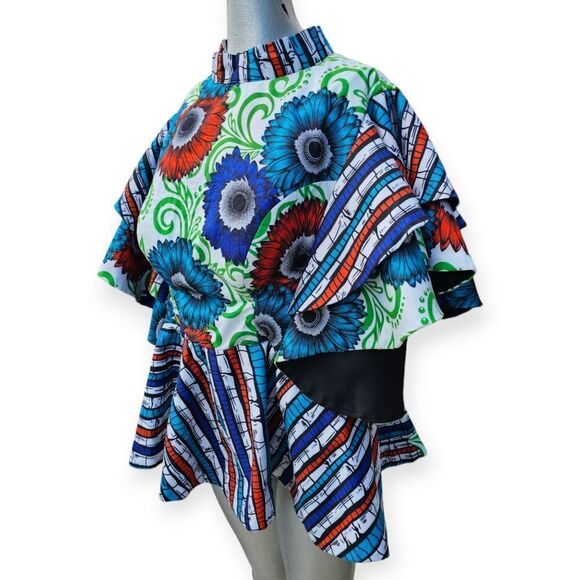 Handmade Abstract Oversized Dramatic Ruffle Sleeve Peplum Blue Green Top - Picture 9 of 9